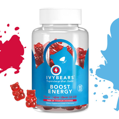 IvyBears® Energy Boost Gummies – Vegan Chewable Energy Supplements with Vitamin B12 & Natural Caffeine – Focus, Daily Energy & Stamina Support – Pre Workout Gummies – 60 Count