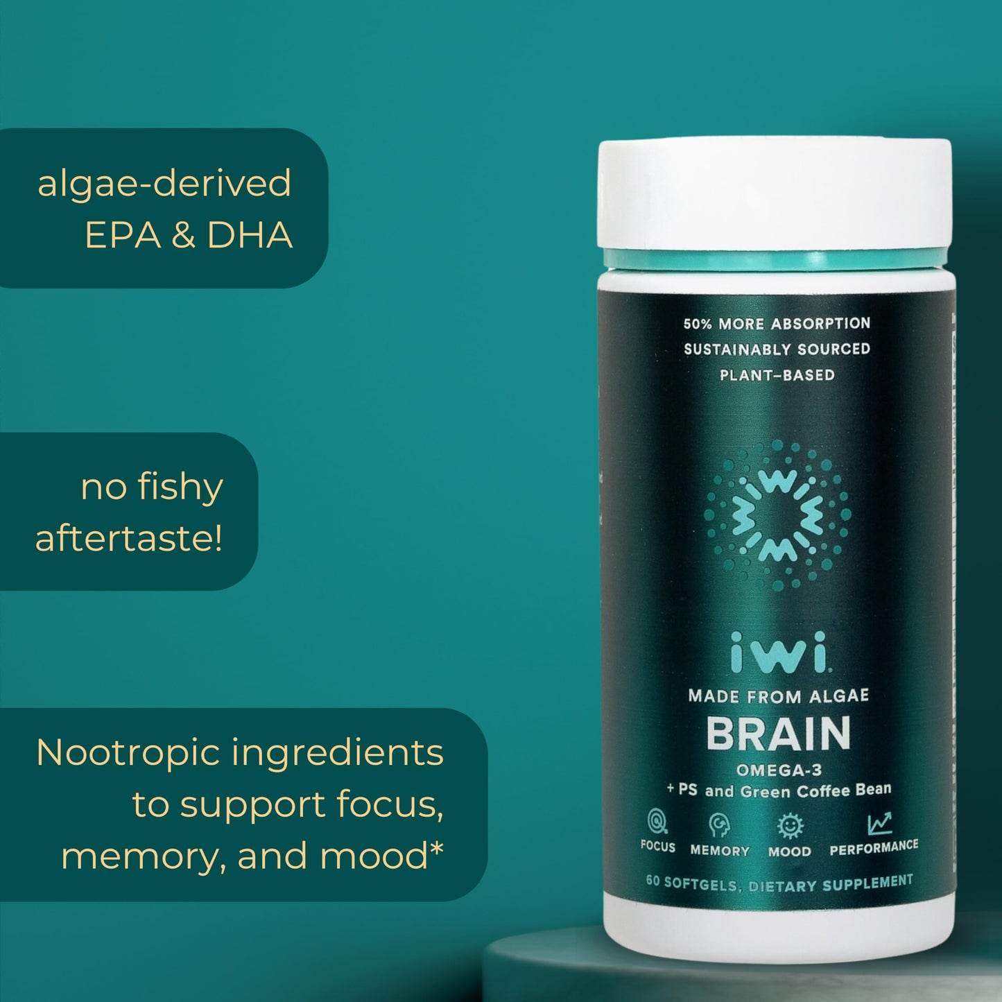 Iwi Life Brain Omega-3 – 60 Softgels, Vegan Algae EPA+DHA for Focus, Memory & Mood