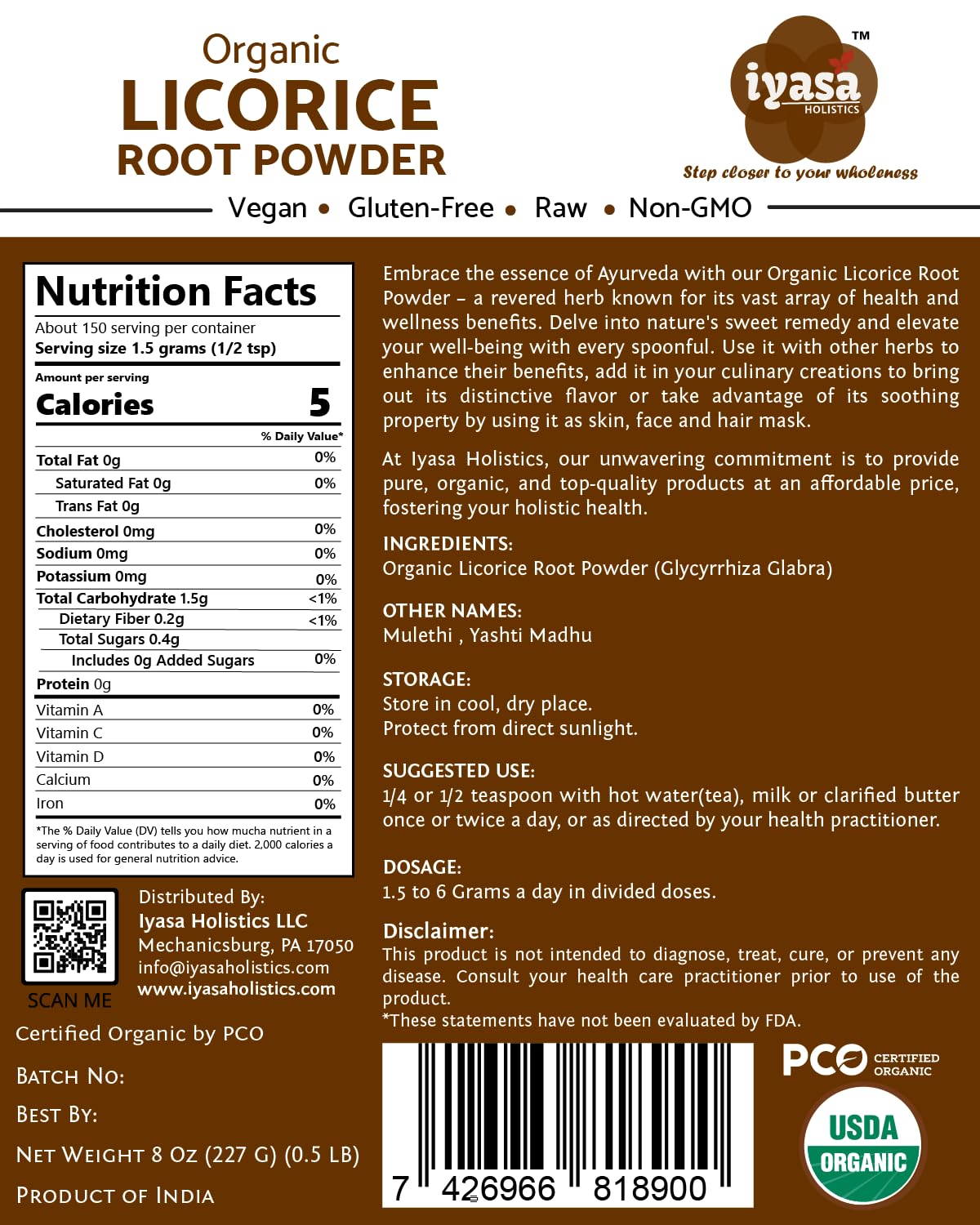 Iyasa Holistics Organic Licorice Root Powder (Mulethi) – Glycyrrhiza glabra, 16 oz
