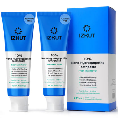 IZKUT 10% Nano Hydroxyapatite Toothpaste – Fluoride Free Whitening for Sensitive Teeth, SLS Free, Fresh Mint, 4 oz Pack of 2