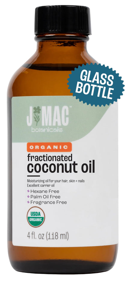 J MAC BOTANICALS Organic Fractionated Coconut Oil — 4 oz Glass Bottle, Carrier Oil & Moisturizer