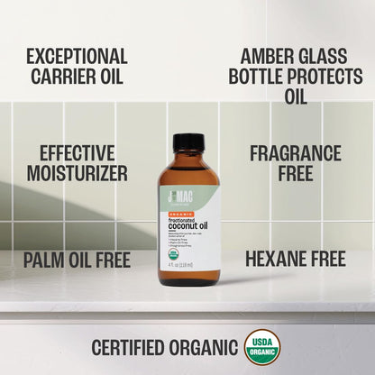 J MAC BOTANICALS Organic Fractionated Coconut Oil — 4 oz Glass Bottle, Carrier Oil & Moisturizer
