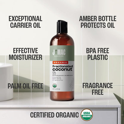 J MAC BOTANICALS Organic Fractionated Coconut Oil (16 oz) – Carrier Oil for Hair, Skin & Massage