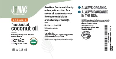 J MAC BOTANICALS Organic Fractionated Coconut Oil — 4 oz Glass Bottle, Carrier Oil & Moisturizer