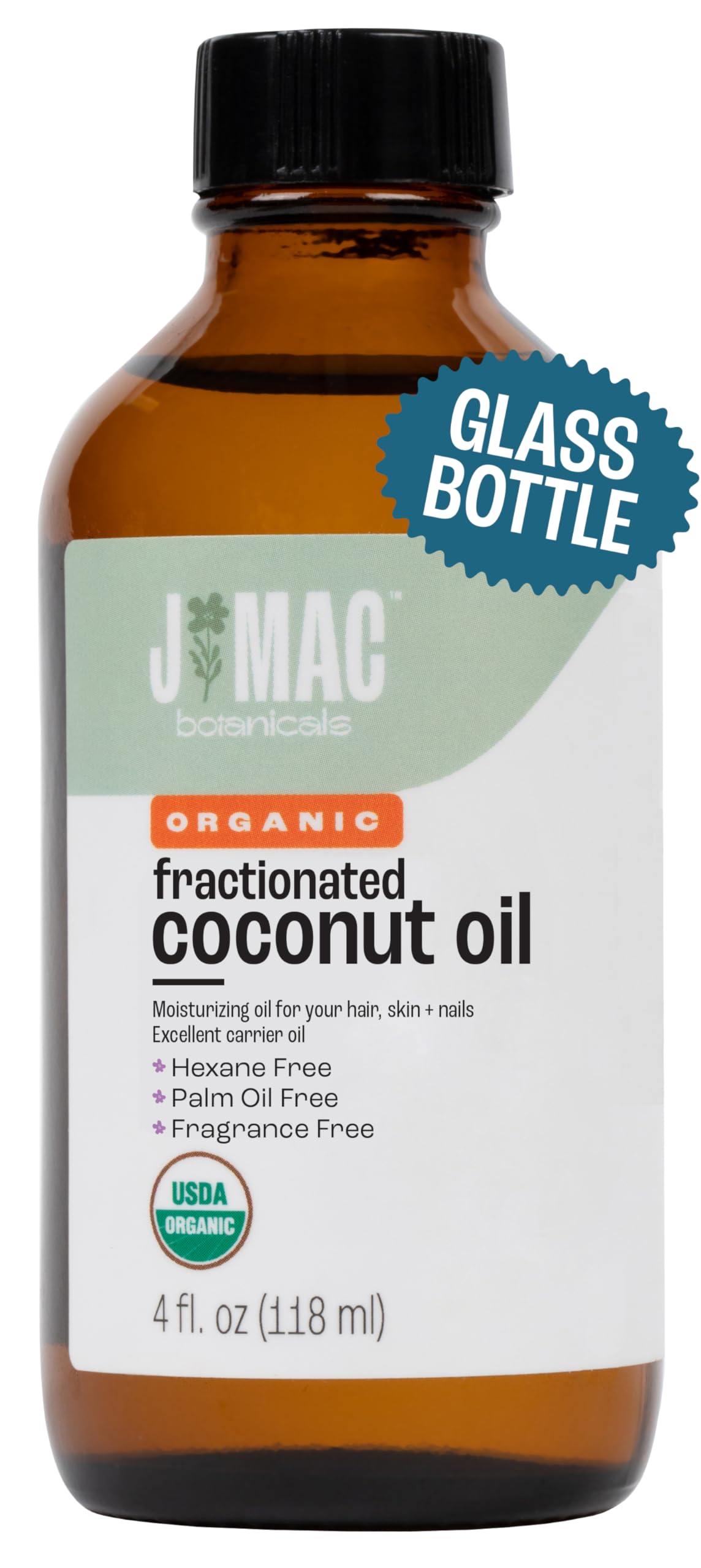 J MAC BOTANICALS Organic Fractionated Coconut Oil — 4 oz Glass Bottle, Carrier Oil & Moisturizer