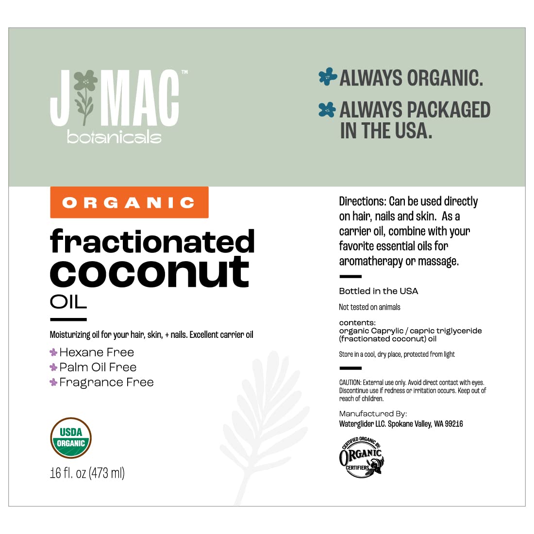 J MAC BOTANICALS Organic Fractionated Coconut Oil (16 oz) – Carrier Oil for Hair, Skin & Massage
