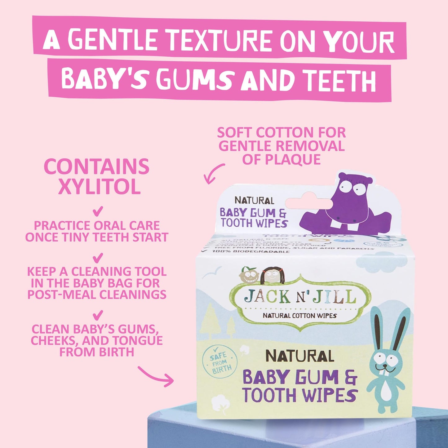 Jack N' Jill Baby Gum & Tooth Wipes - White, 25 Pack | Natural Xylitol Dental Wipes