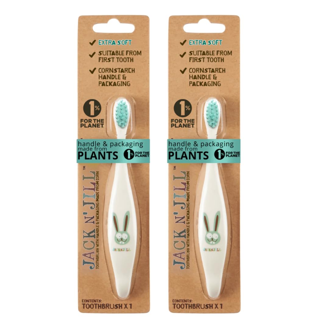 Jack N' Jill Kids Toothbrush - Extra Soft Bristles, Plant-Based Handle (Corn) - Bunny Baby 2 Pack