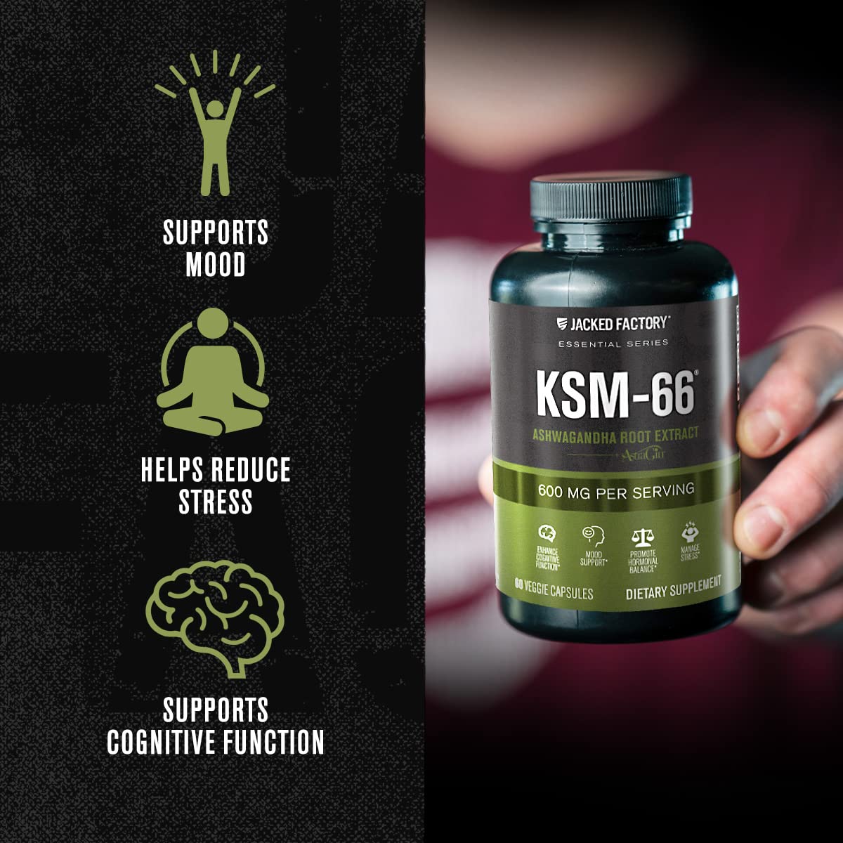 Jacked Factory KSM-66 Ashwagandha Root Extract - 60 Veggie Capsules | 5% Withanolides