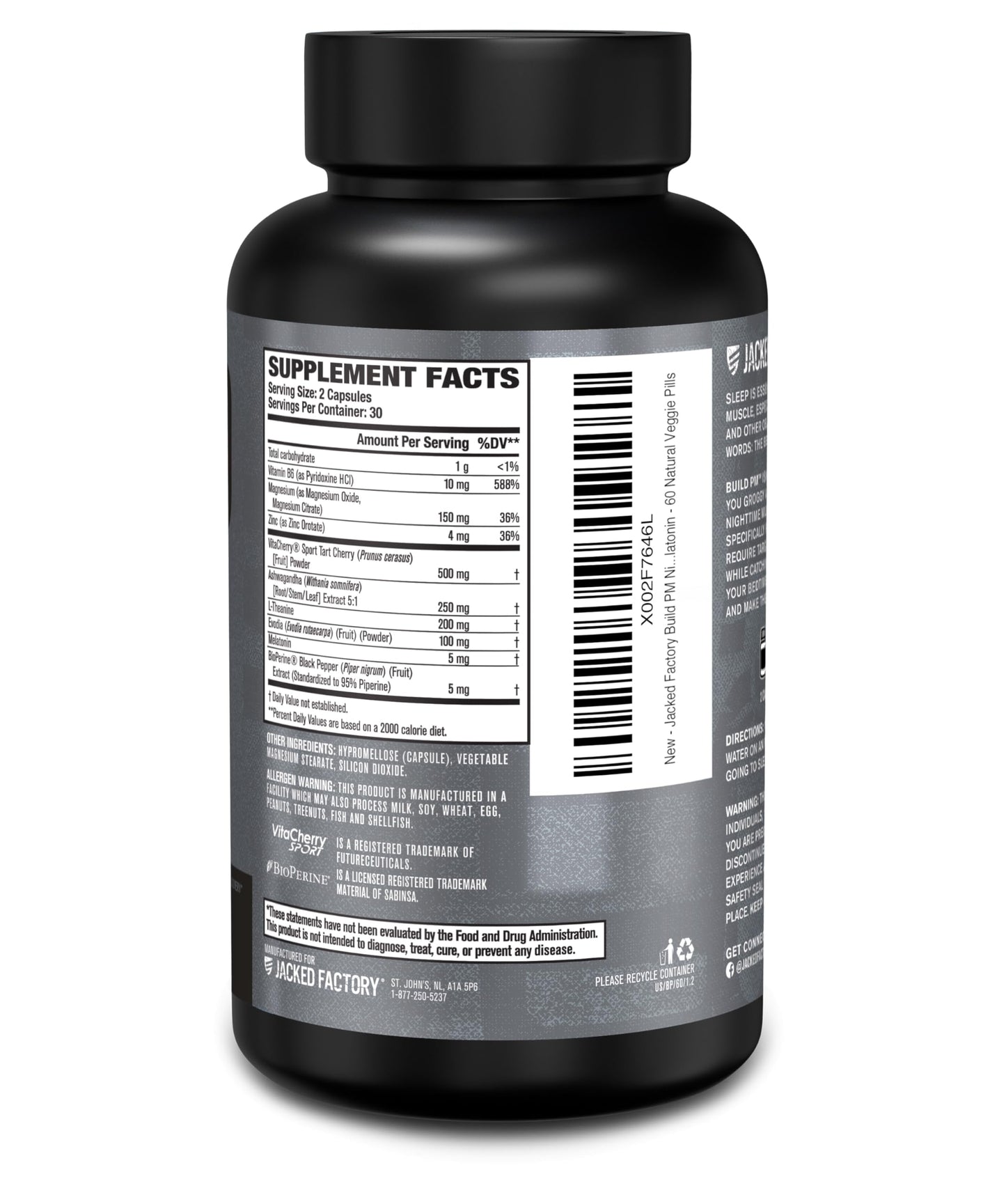 Jacked Factory Build PM Night Time Muscle Builder & Sleep Aid – Tart Cherry, Ashwagandha, Melatonin – 60 Veggie Pills
