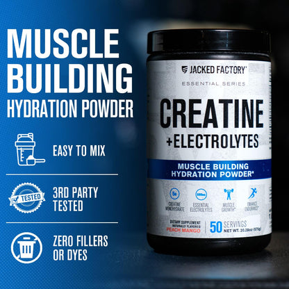 Jacked Factory Creatine + Electrolytes – Peach Mango (50 Servings) | Creatine Monohydrate with Taurine & Electrolytes