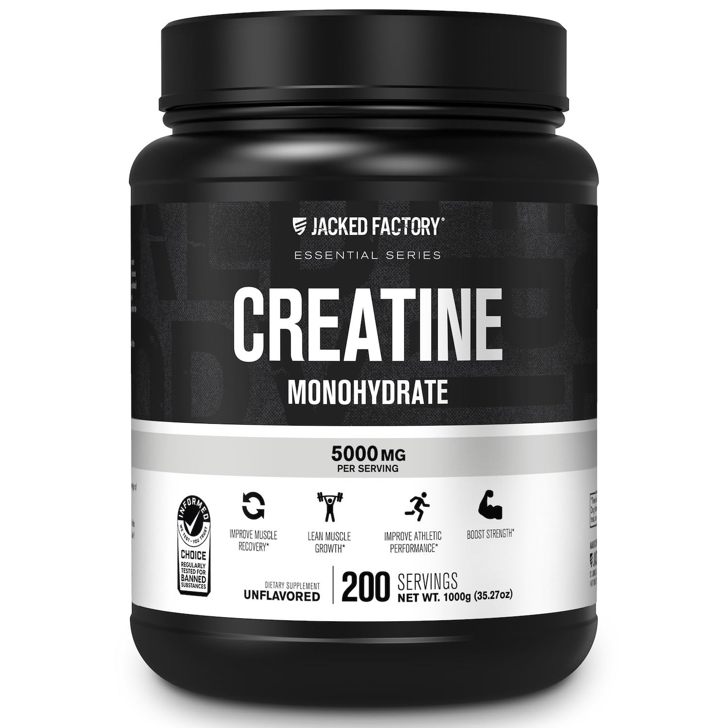 Jacked Factory Creatine Monohydrate Powder 1000g - 200 Servings, Unflavored, Vegan, Third-Party Tested