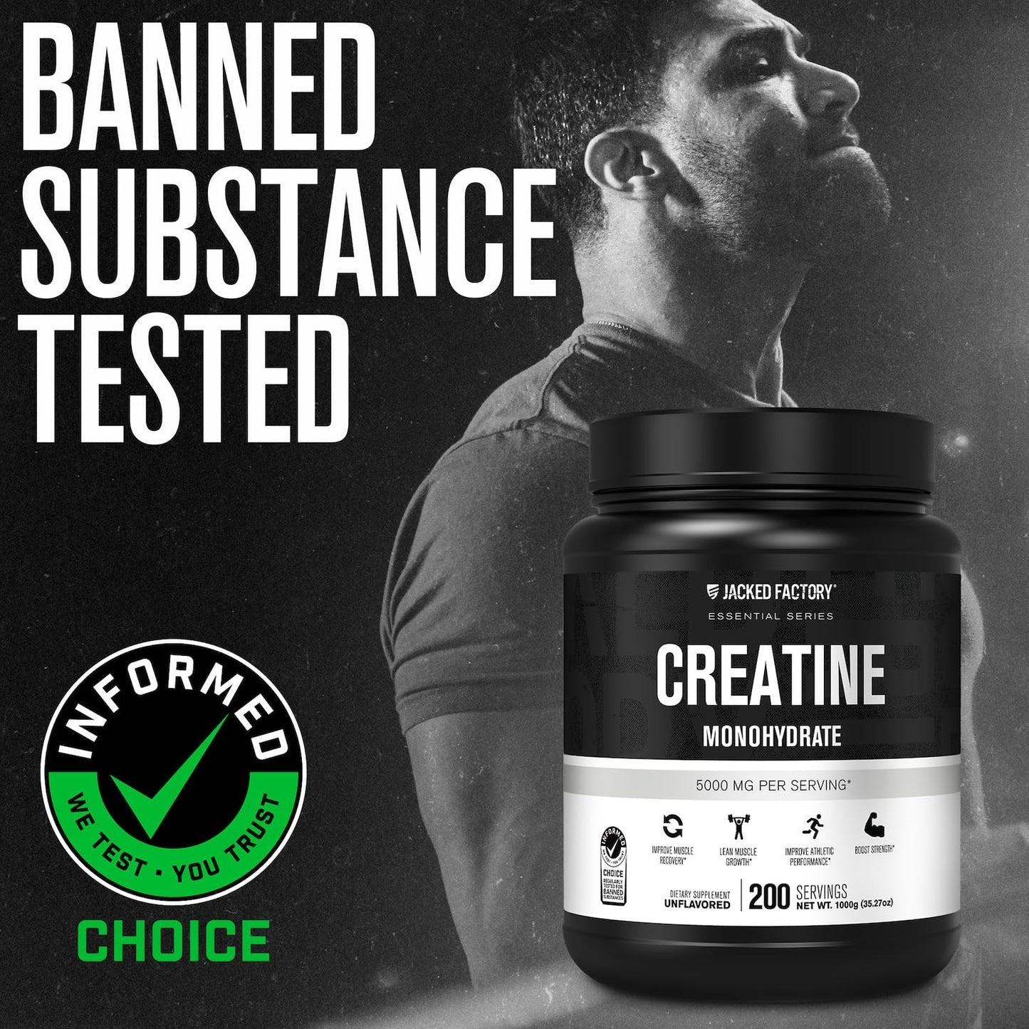 Jacked Factory Creatine Monohydrate Powder 1000g - 200 Servings, Unflavored, Vegan, Third-Party Tested