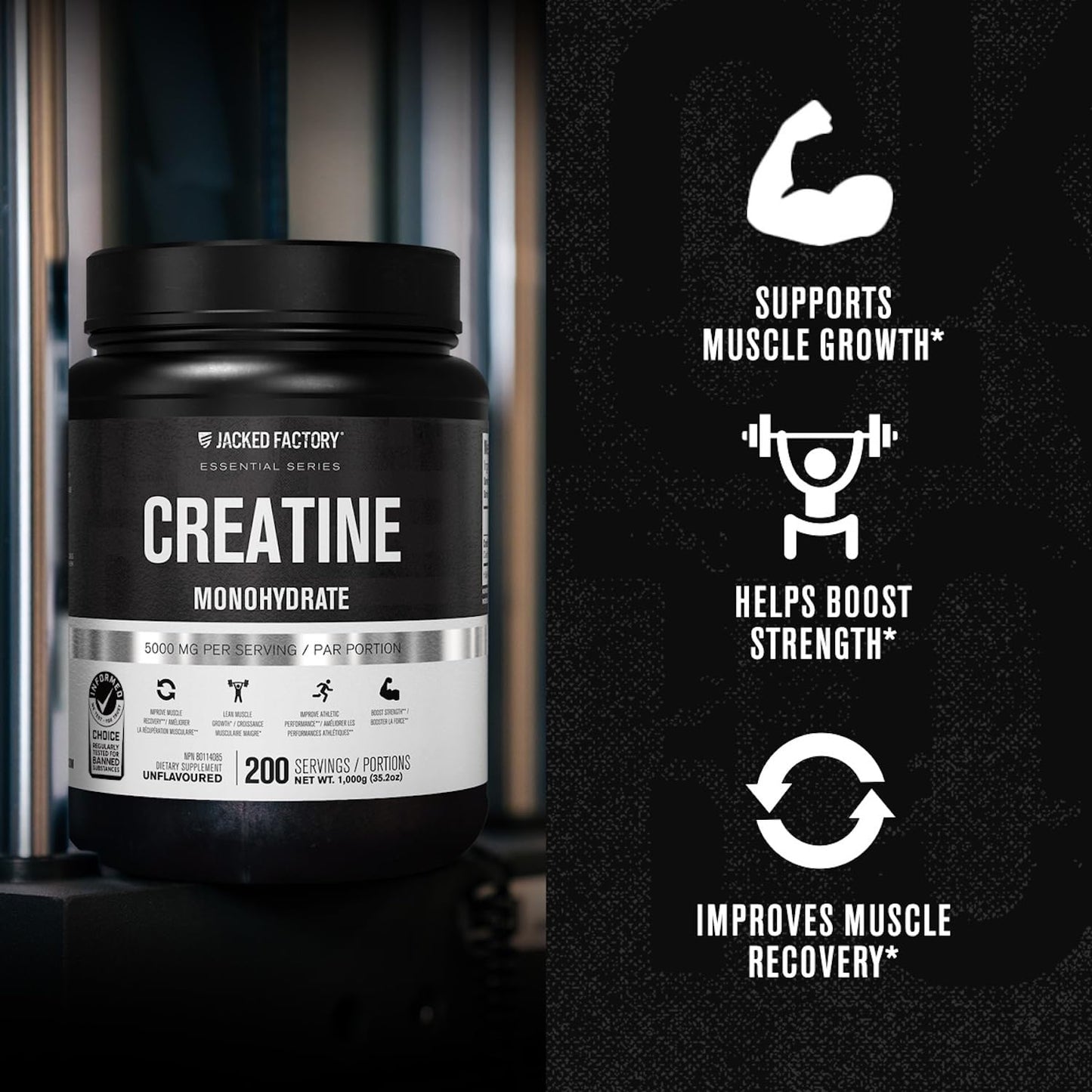Jacked Factory Creatine Monohydrate Powder 1000g - 200 Servings, Unflavored, Vegan, Third-Party Tested