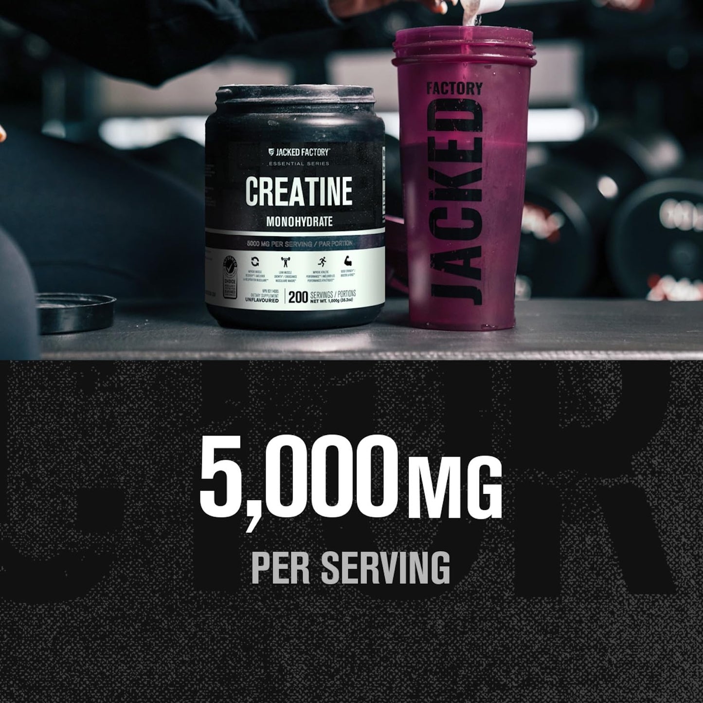 Jacked Factory Creatine Monohydrate Powder 1000g - 200 Servings, Unflavored, Vegan, Third-Party Tested