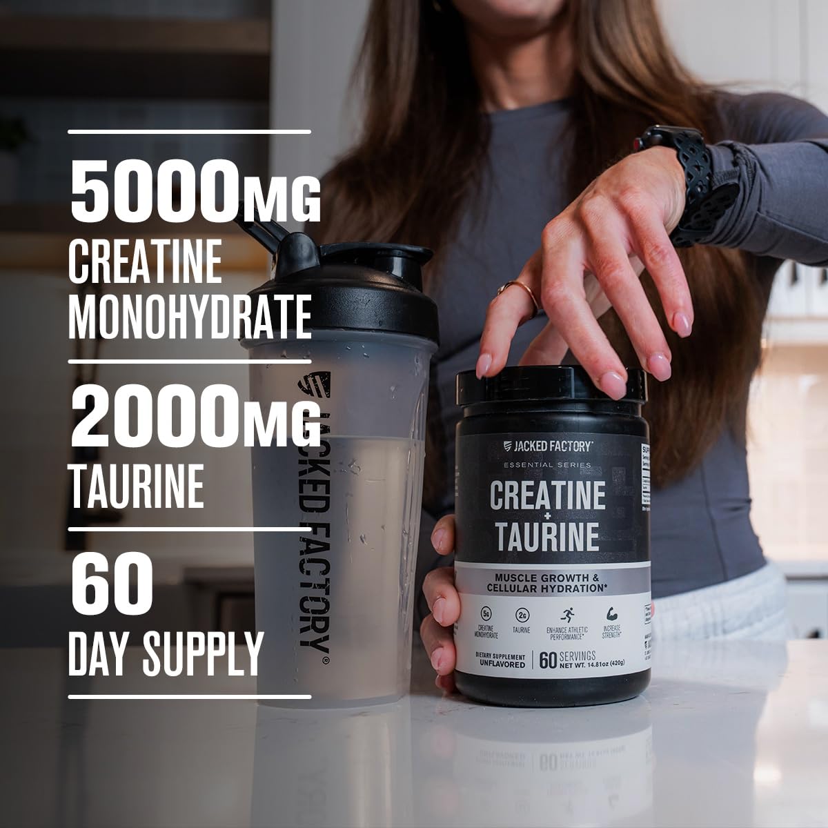 Jacked Factory Creatine + Taurine - Creatine Monohydrate 5000mg with Taurine 2000mg for Increased Muscle Strength & Cellular Hydration - 60 Servings, Unflavored