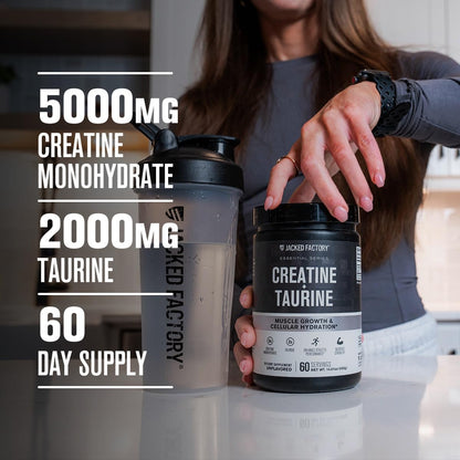Jacked Factory Creatine + Taurine - Creatine Monohydrate 5000mg with Taurine 2000mg for Increased Muscle Strength & Cellular Hydration - 60 Servings, Unflavored