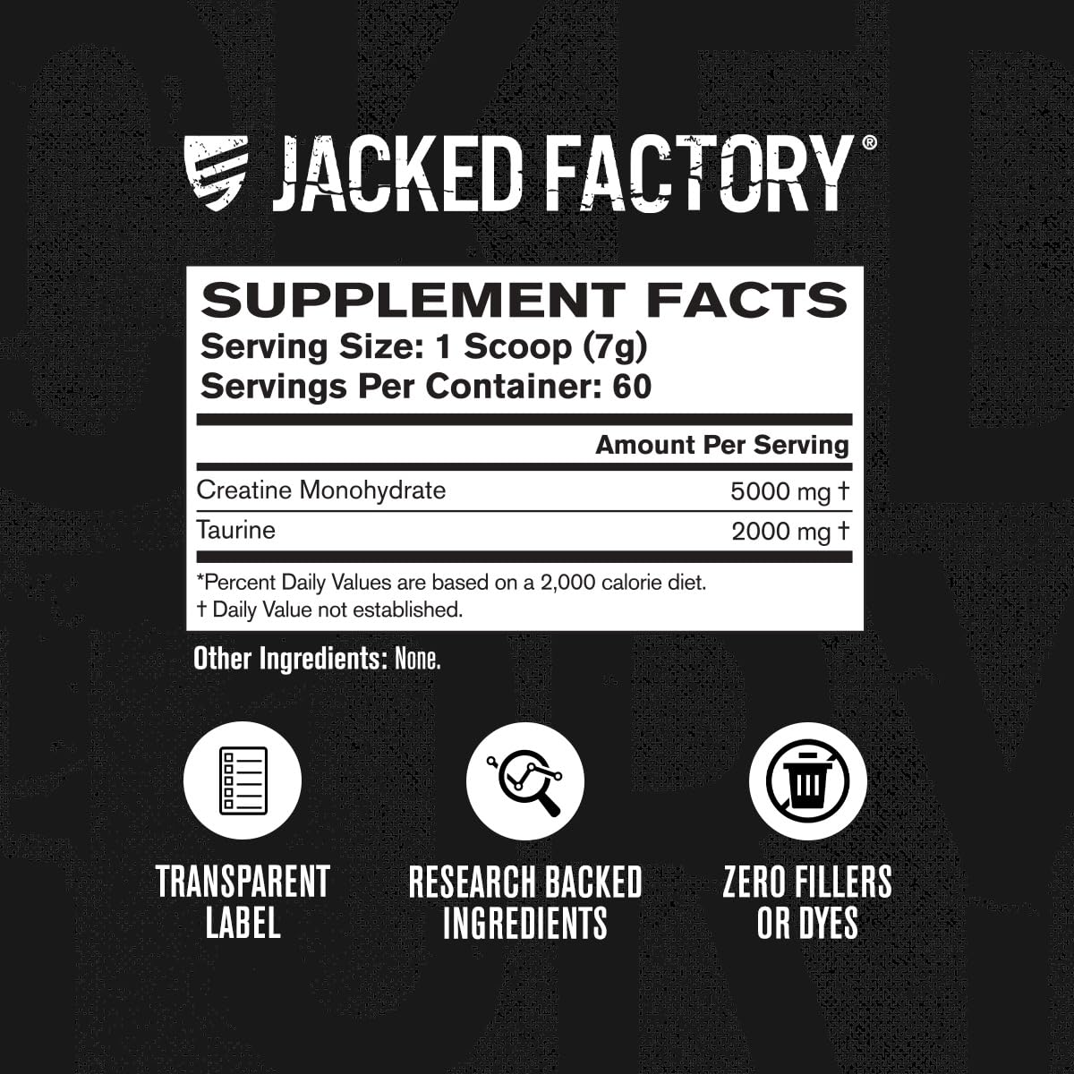 Jacked Factory Creatine + Taurine - Creatine Monohydrate 5000mg with Taurine 2000mg for Increased Muscle Strength & Cellular Hydration - 60 Servings, Unflavored