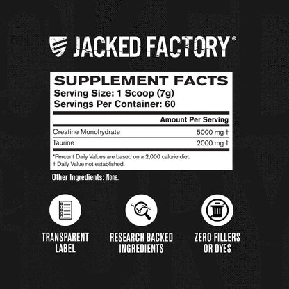 Jacked Factory Creatine + Taurine - Creatine Monohydrate 5000mg with Taurine 2000mg for Increased Muscle Strength & Cellular Hydration - 60 Servings, Unflavored