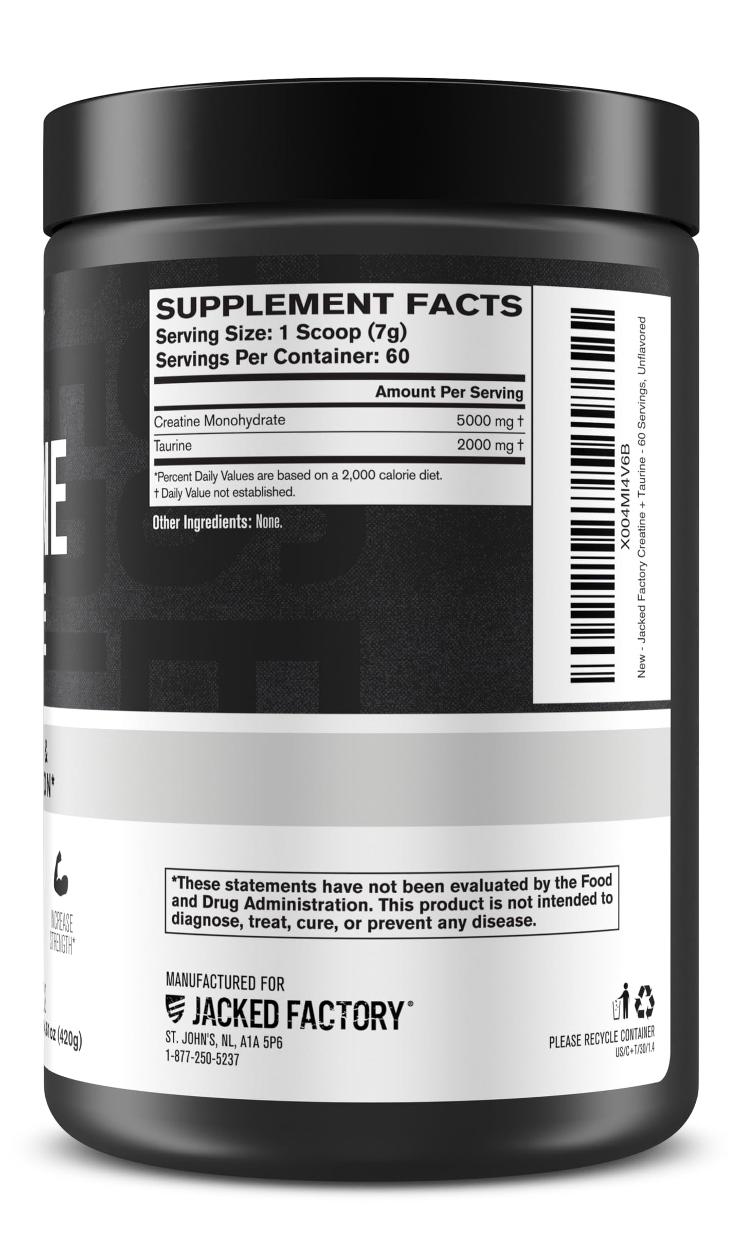 Jacked Factory Creatine + Taurine - Creatine Monohydrate 5000mg with Taurine 2000mg for Increased Muscle Strength & Cellular Hydration - 60 Servings, Unflavored