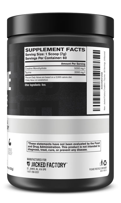 Jacked Factory Creatine + Taurine - Creatine Monohydrate 5000mg with Taurine 2000mg for Increased Muscle Strength & Cellular Hydration - 60 Servings, Unflavored