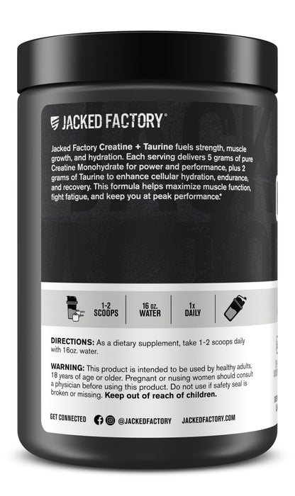 Jacked Factory Creatine + Taurine - Creatine Monohydrate 5000mg with Taurine 2000mg for Increased Muscle Strength & Cellular Hydration - 60 Servings, Unflavored