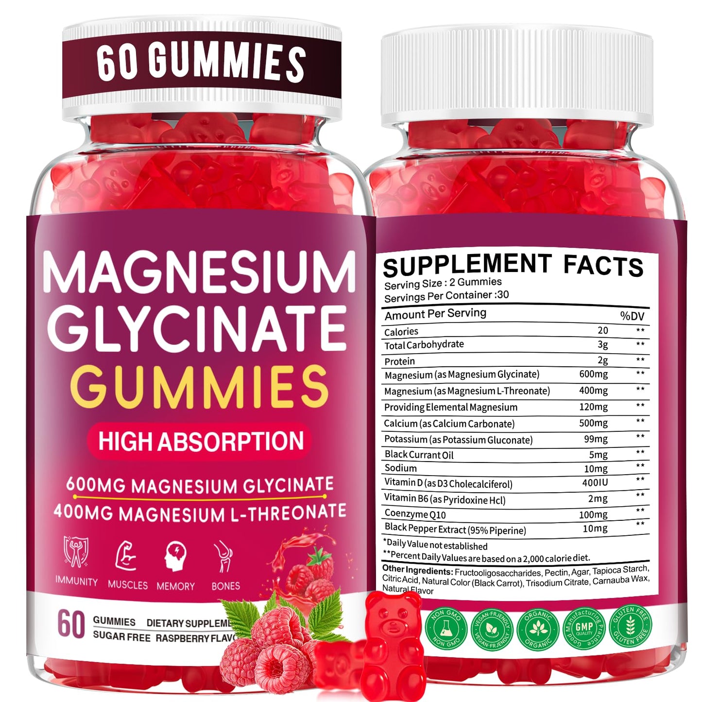 JAENFW Magnesium Glycinate Gummies 600mg – High Absorption, Raspberry, Sugar Free (60 ct)