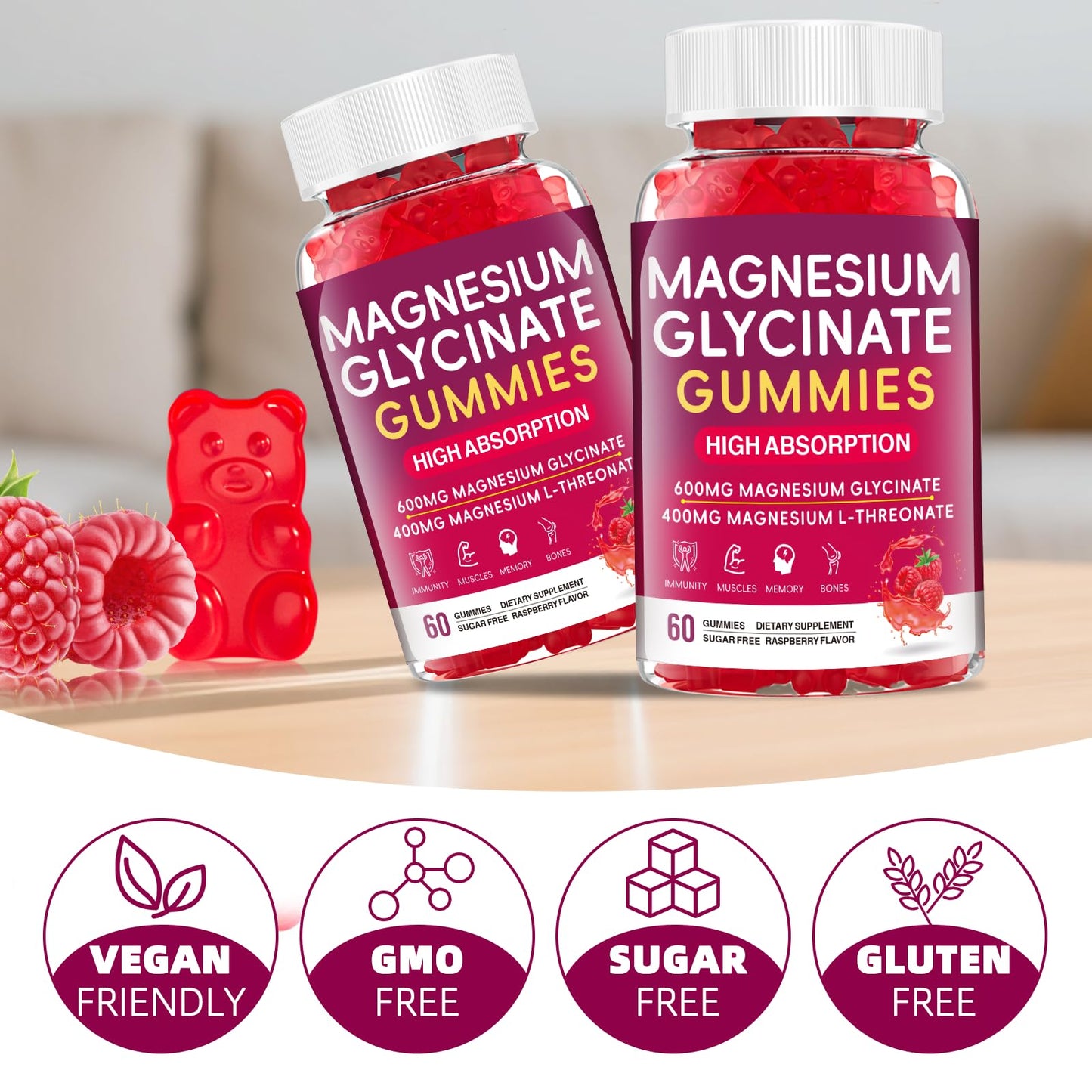 JAENFW Magnesium Glycinate Gummies 600mg – High Absorption, Raspberry, Sugar Free (60 ct)
