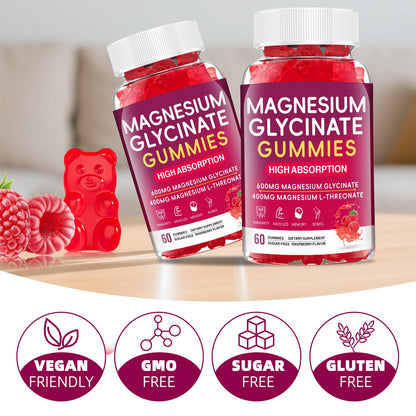 JAENFW Magnesium Glycinate Gummies 600mg – High Absorption, Raspberry, Sugar Free (60 ct)