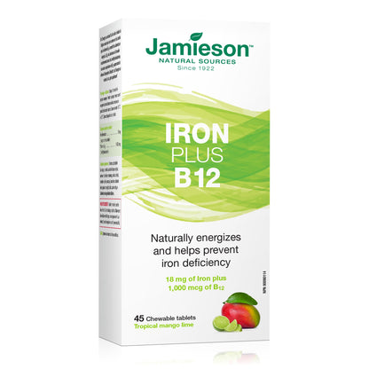 Jamieson Iron + Vitamin B12, 45 Chewable Tabs | Mango Lime Flavor | Gluten-Free