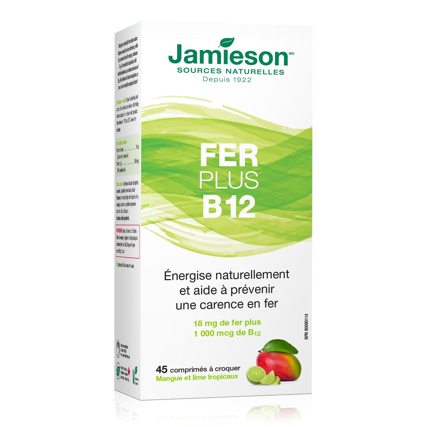Jamieson Iron + Vitamin B12, 45 Chewable Tabs | Mango Lime Flavor | Gluten-Free