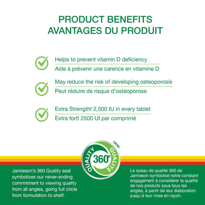 Jamieson Extra Strength Vitamin D3 2,500 IU, 180 Tabs | Vitamin D3 Supplement