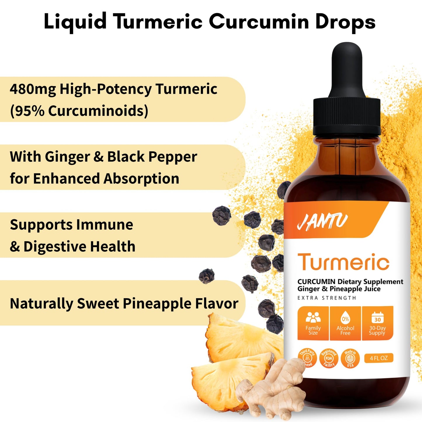 Jantu Liquid Turmeric Curcumin Drops with Ginger & Black Pepper – 480mg