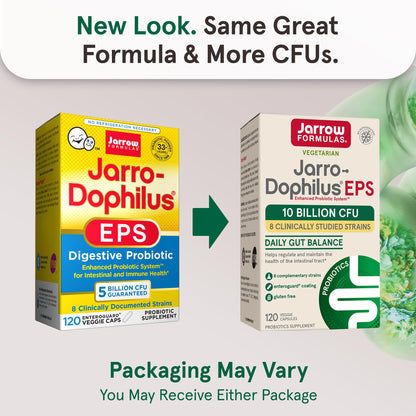 Jarrow Formulas Jarro-Dophilus EPS Probiotic – 10 Billion CFU, 120 Veggie Capsules for Gut Health (Women & Men)