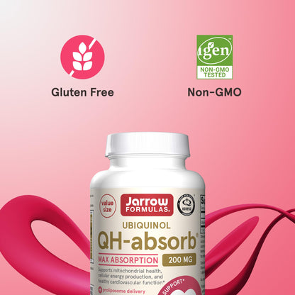 Jarrow Formulas QH-Absorb 200 mg – Active Co-Q10 (Ubiquinol) for Mitochondrial Energy & Cardiovascular Support | 90 Softgels