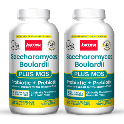 Jarrow Formulas Saccharomyces Boulardii + MOS – 5 Billion CFU per Serving, 90 Delayed-Release Veggie Caps, 2-Pack Probiotic + Prebiotic