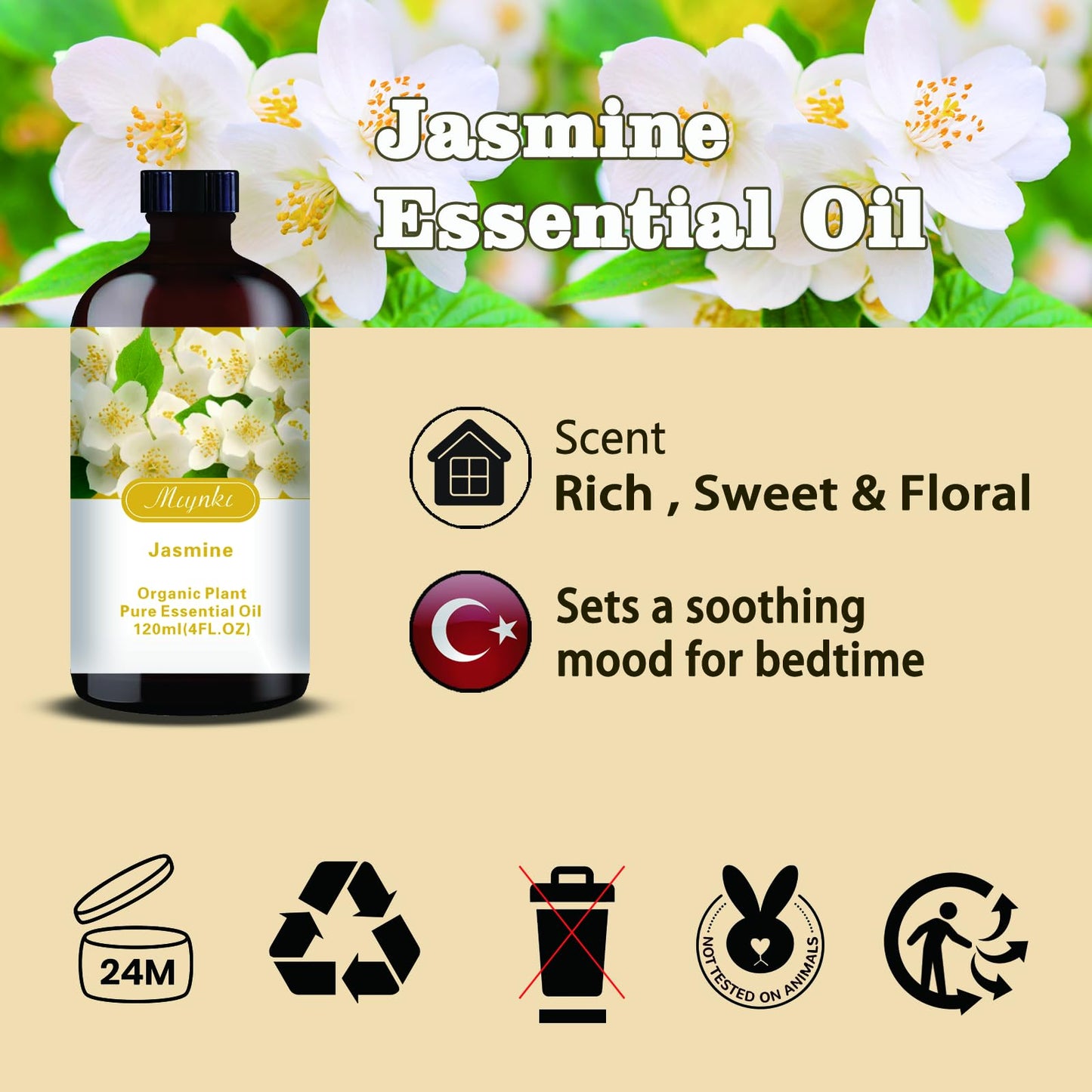 Jasmine Essential Oil 4.33oz (130ml) – Pure Jasmine Fragrance for Diffusers, Candles, Soap Making & Aromatherapy