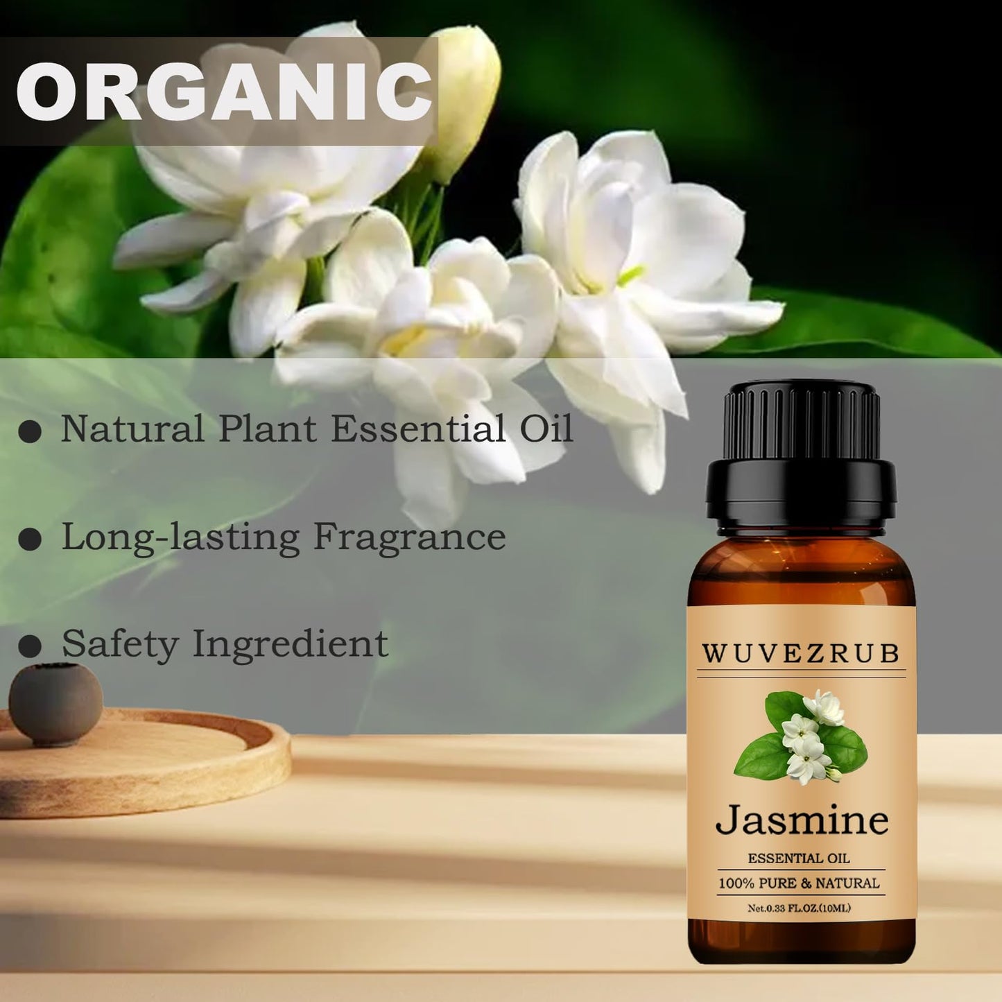 Jasmine Essential Oil 10ml – Organic 100% Pure & Natural for Aromatherapy Diffuser (0.33 fl oz)