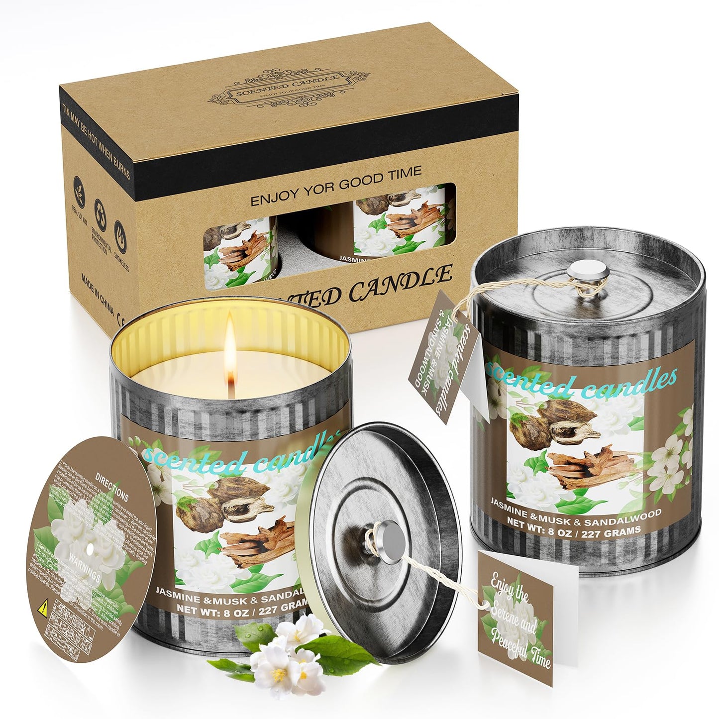 Jasmine&Musk&Sandalwood Scented Candle Set | 2Pack 16oz 80H Burn Time,8% Essential Oils | Smoke-Free Pure Soy Wax | Aromatherapy for Relaxing,Yoga Meditation Spa,Gift Set for Men/Women/Father's Day