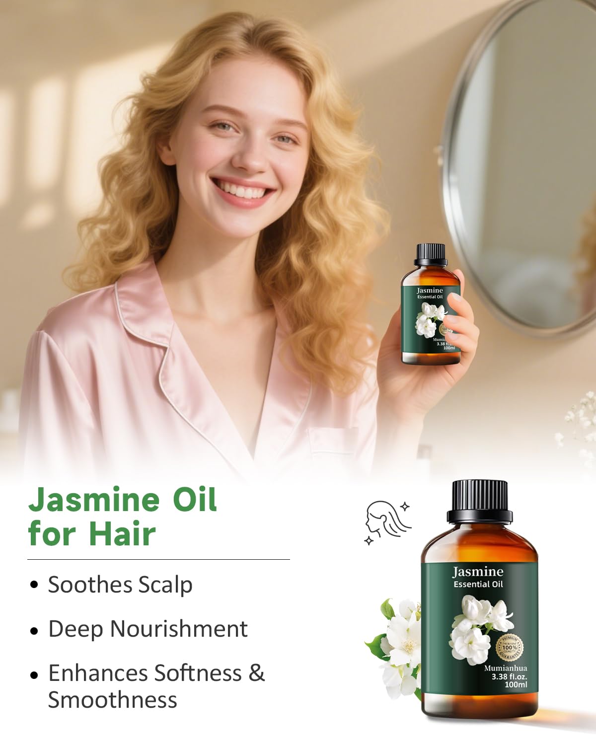Pure Jasmine Essential Oil for Bedtime – Diffuser & Pillow Mist | Mumianhua 3.38 Fl Oz