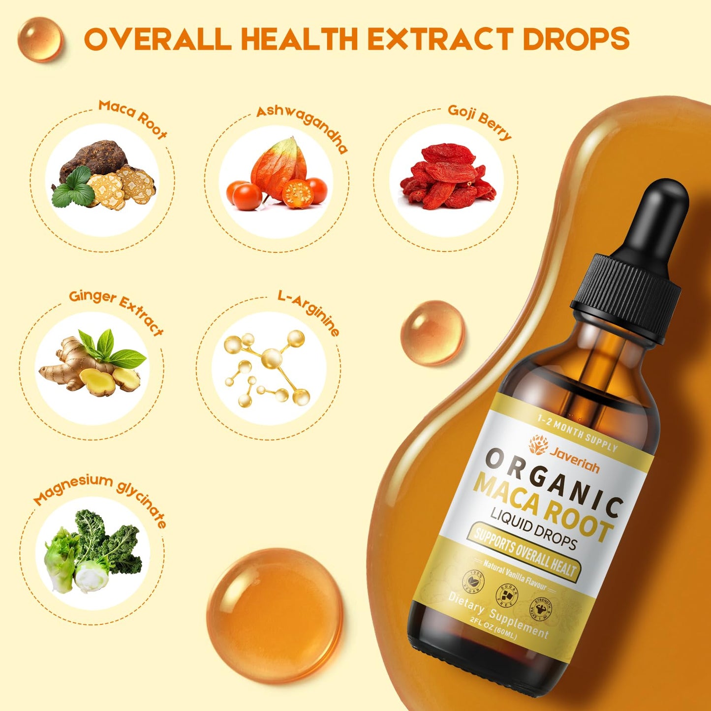 Javeriah Organic Maca Root Liquid Drops with Ashwagandha, Goji Berry, Ginger, Magnesium & L-Arginine — 4 Oz 2 Pack
