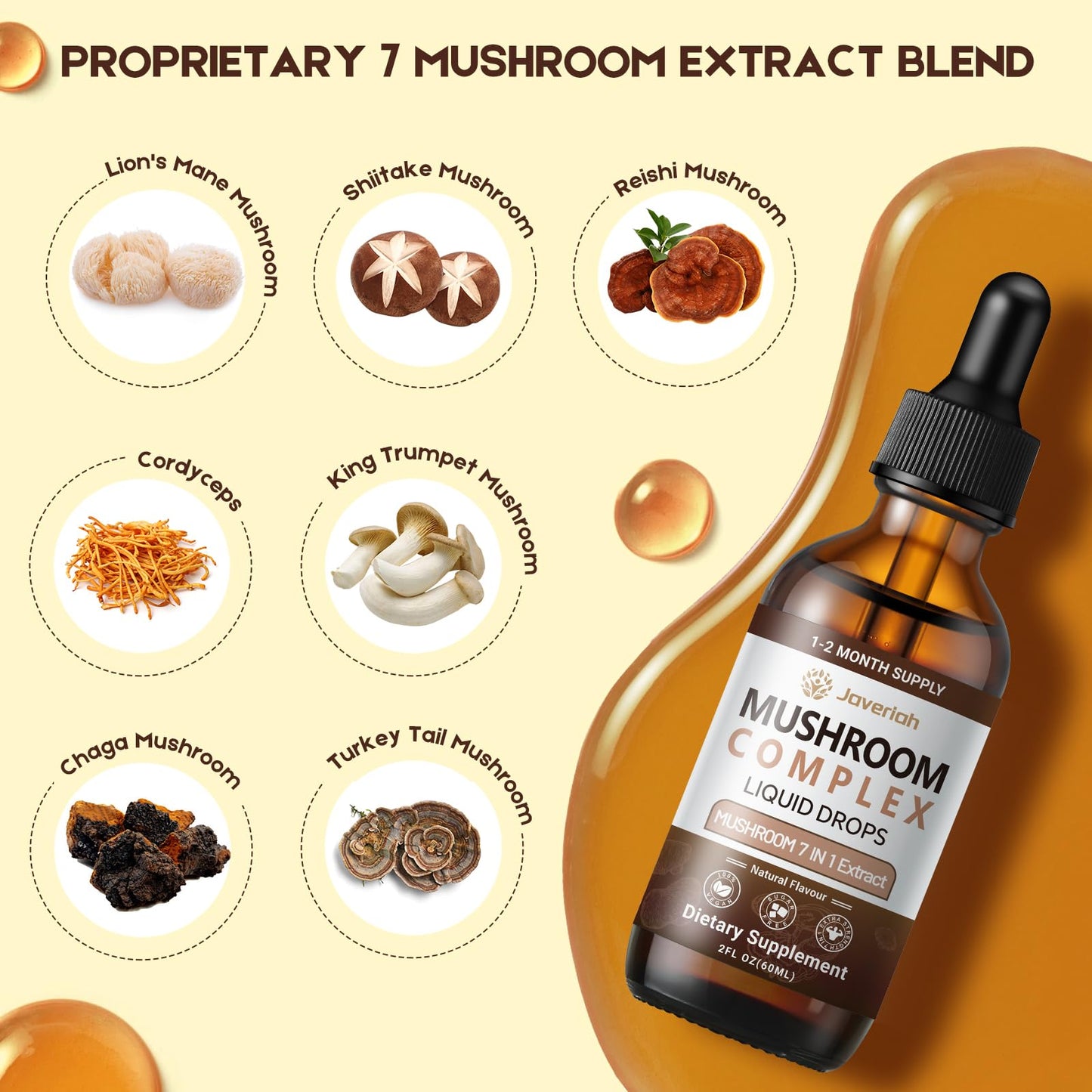 Javeriah 7-in-1 Mushroom Complex Drops – Lion's Mane & 7 Mushrooms, 2 fl oz