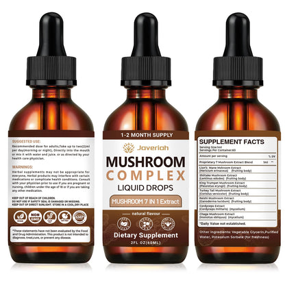 Javeriah Mushroom Complex Liquid Drops 7-in-1 | Lion's Mane, Reishi, Turkey Tail, Shiitake, Cordyceps, Chaga, King Trumpet 4 fl oz (2 Pack)
