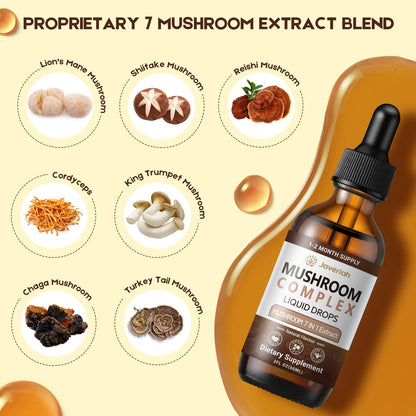 Javeriah Mushroom Complex Liquid Drops 7-in-1 | Lion's Mane, Reishi, Turkey Tail, Shiitake, Cordyceps, Chaga, King Trumpet 4 fl oz (2 Pack)