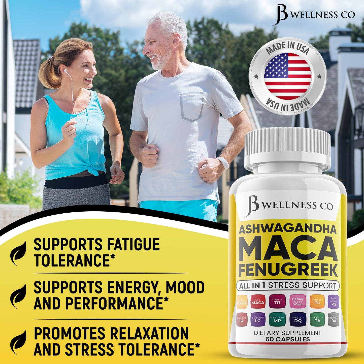 JB WELLNESS CO Ashwagandha Maca Fenugreek Supplement with Tongkat Ali & Ginseng - Mood & Thyroid Support - Made in USA - 120 Count