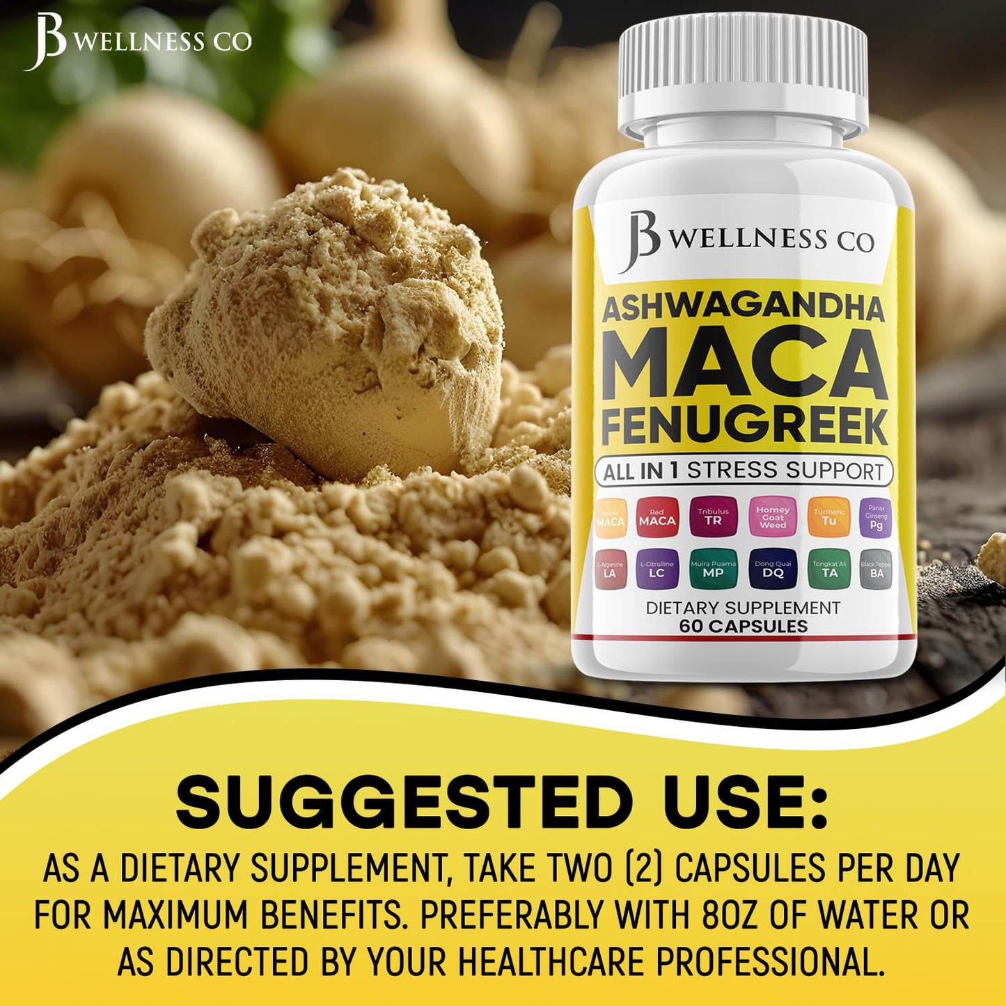 JB Wellness Co. Ashwagandha Maca Fenugreek with Tongkat Ali & Ginseng – Mood & Thyroid Support (60 Count)