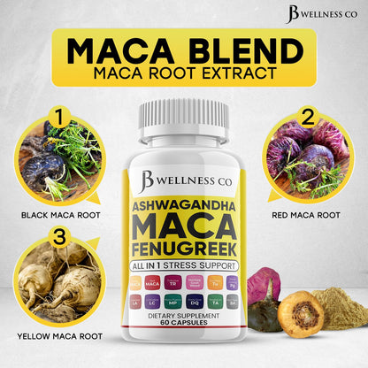 JB WELLNESS CO Ashwagandha Maca Fenugreek Supplement with Tongkat Ali & Ginseng - Mood & Thyroid Support - Made in USA - 120 Count