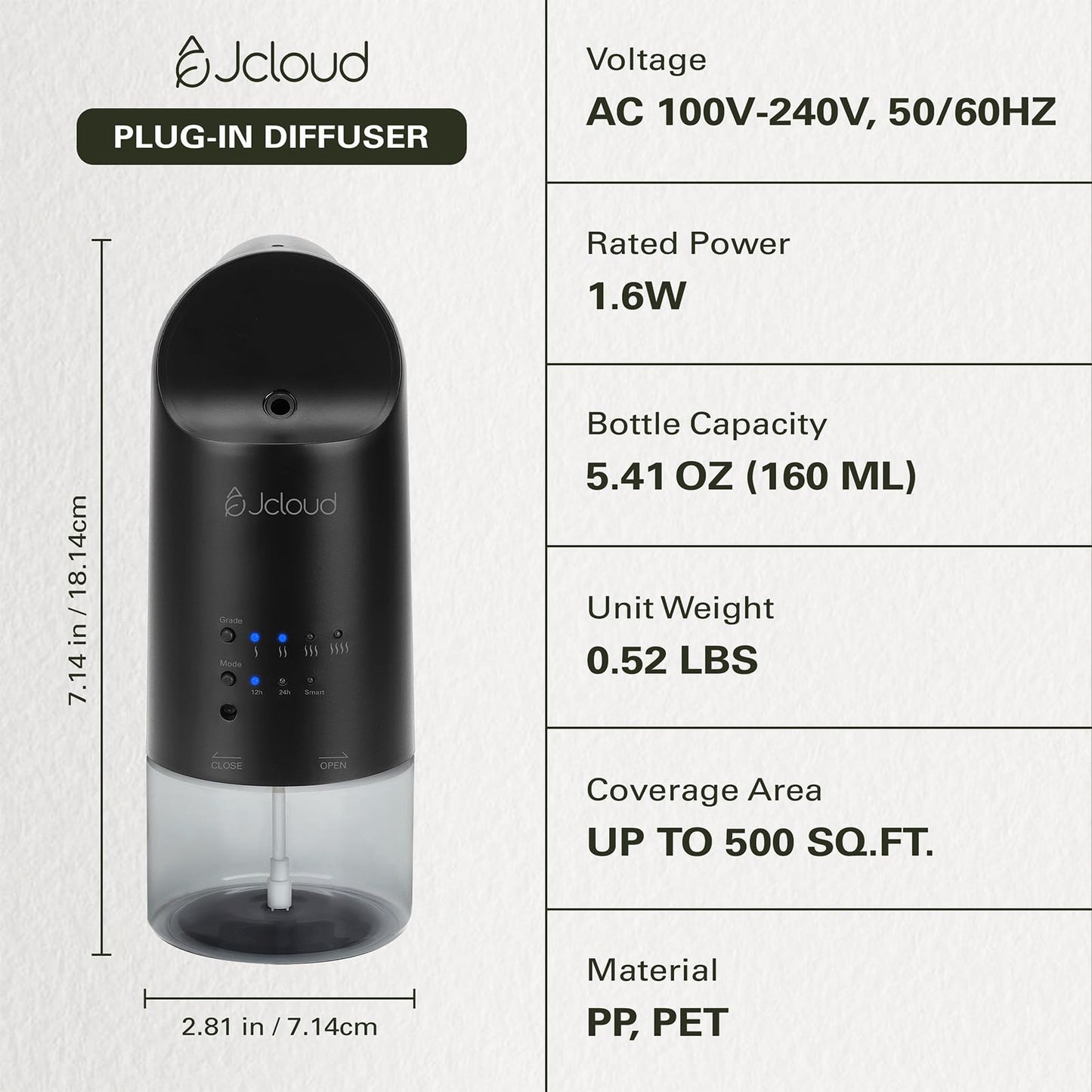 JCLOUD 2025 Plug-in Diffuser – Waterless Scent for 500 sq ft (Black)