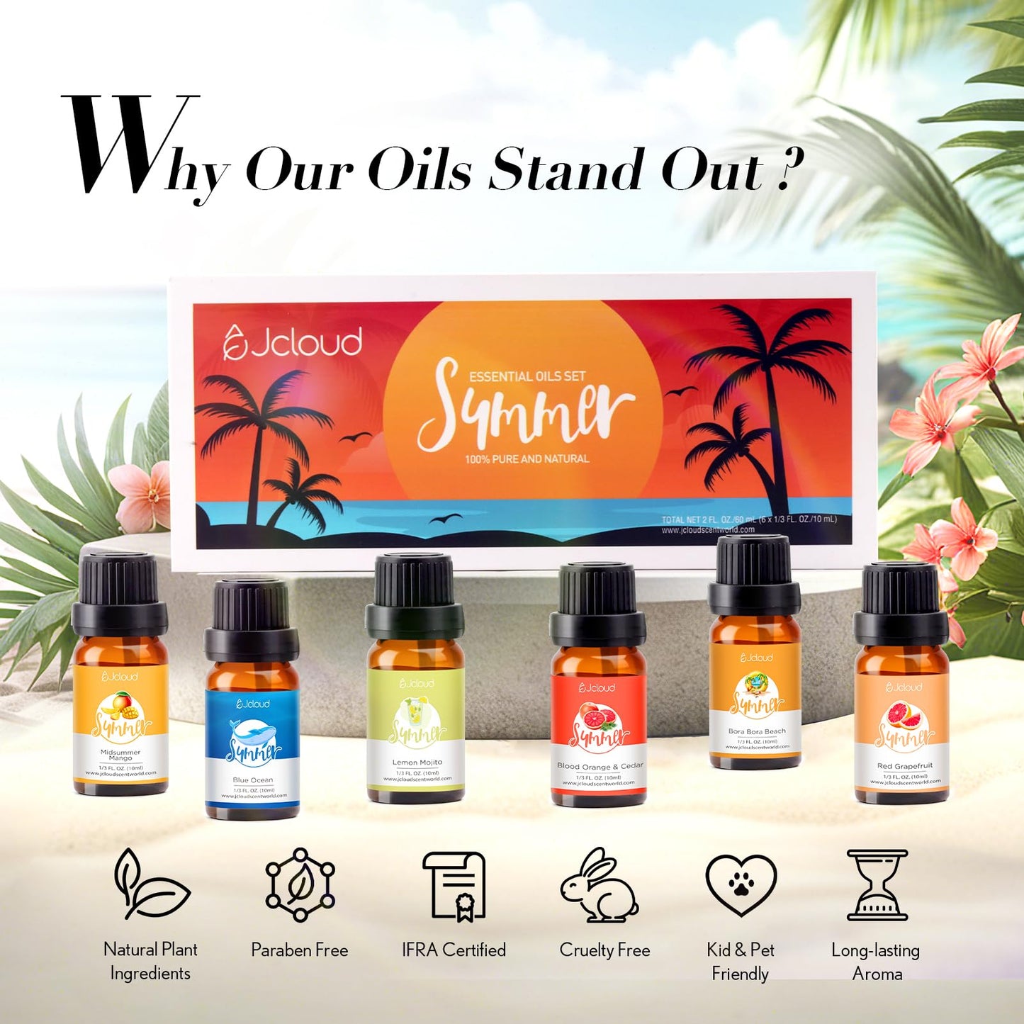 JCLOUD Summer Fragrance Oils Set – 6x10mL Diffuser Oils Gift Set