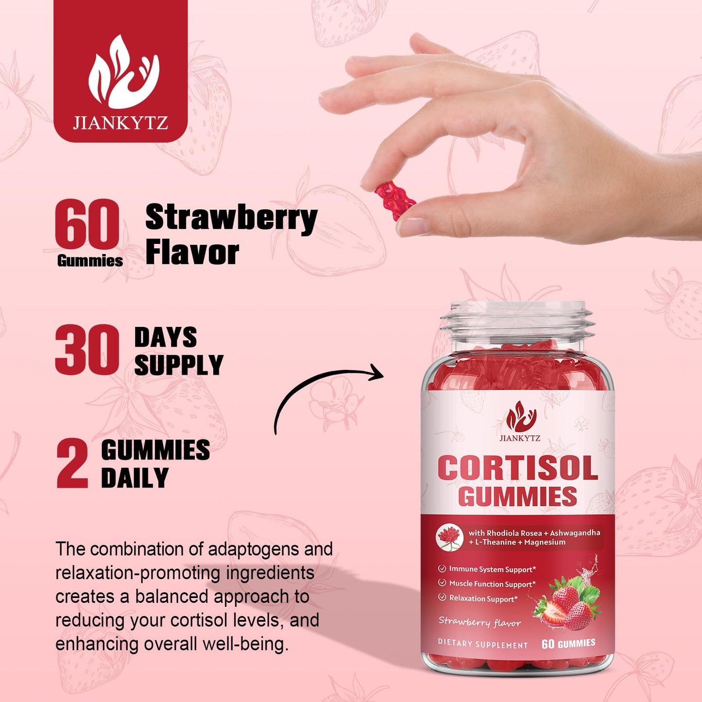 JIANKYTZ Cortisol Gummies for Women – Ashwagandha, Rhodiola, L-Theanine, Magnesium, Vitamin D3 | 60 Vegan Gummies